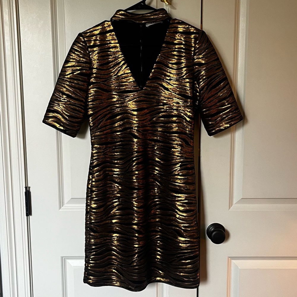 Alice + Olivia Inka Sequin Zebra Print Choker Mini Dress in Gold and Black